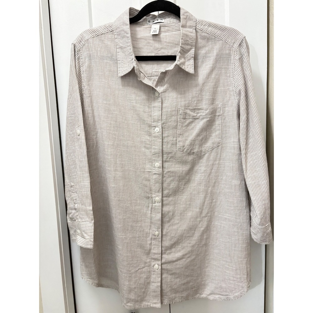 Dash NWT Cotton Striped Button Down Shirt Tan White Roll Tab Sleeve Large